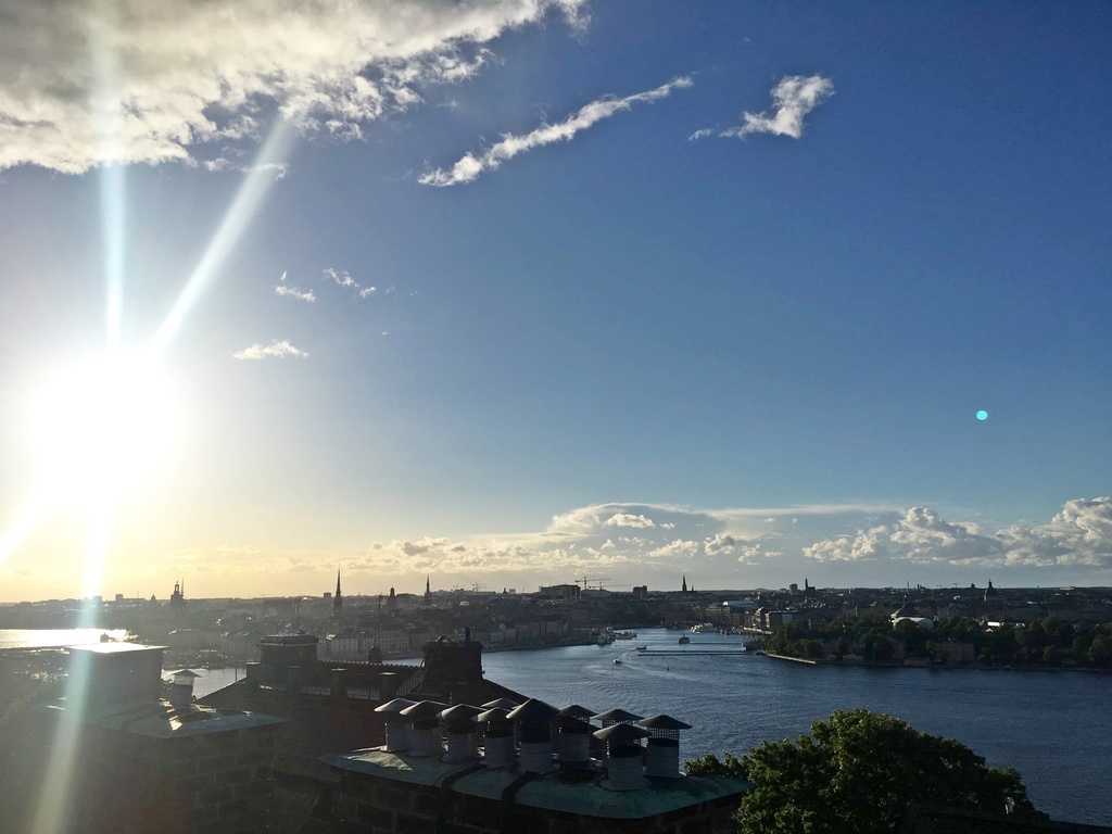 Säljarens bild; Stockholm i motljus från takterrassen i porten